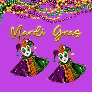 Mardi Gras Jester Party Fringe Earrings, Fat Tuesday Jewelry,